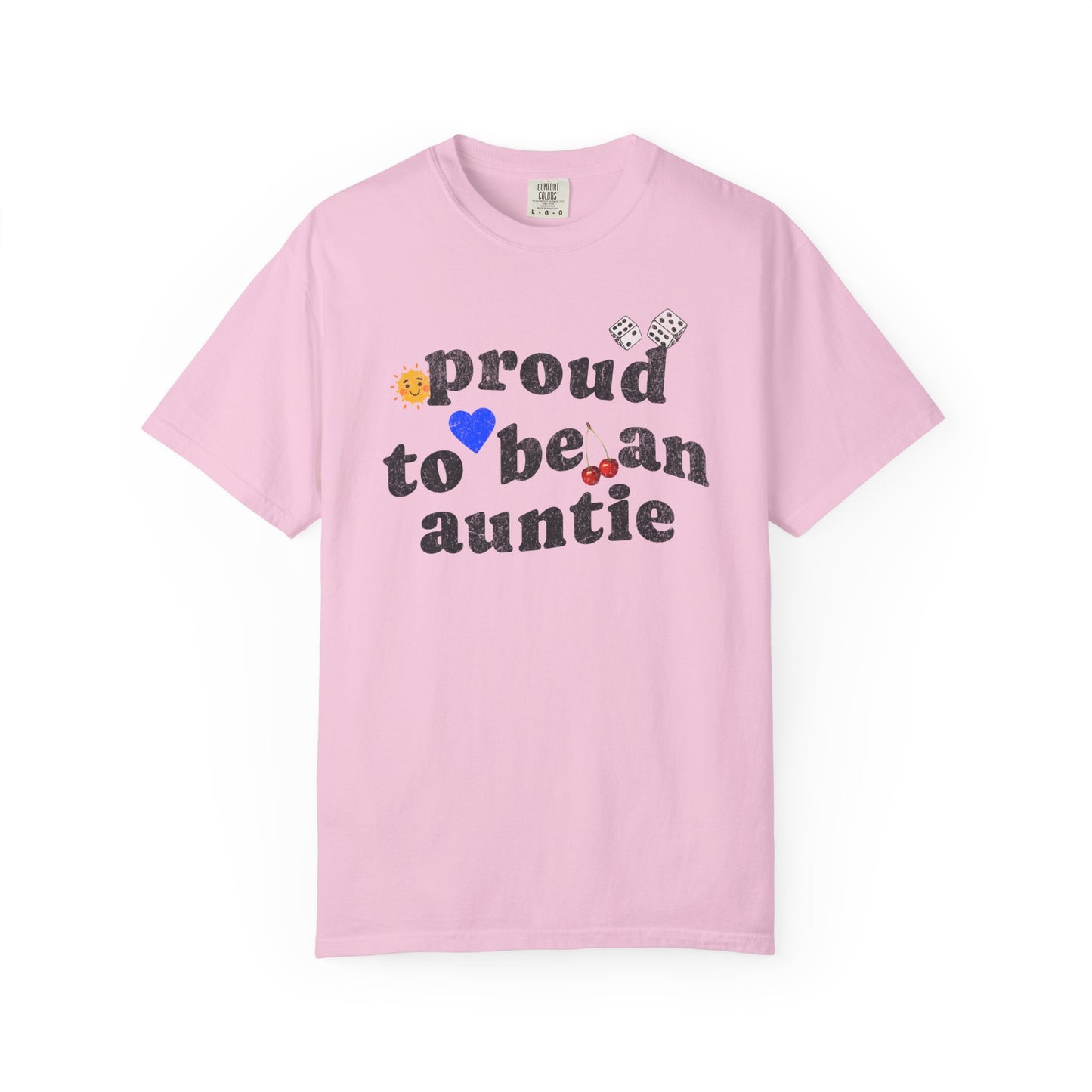 T-shirt with distressed text 'proud to be an auntie' featuring sun, heart, dice and cherries