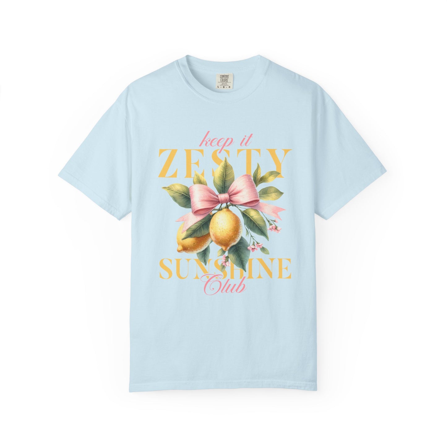 T-shirt with Keep It Zesty Sunshine Club text featuring watercolor lemons with pink bow and green leaves