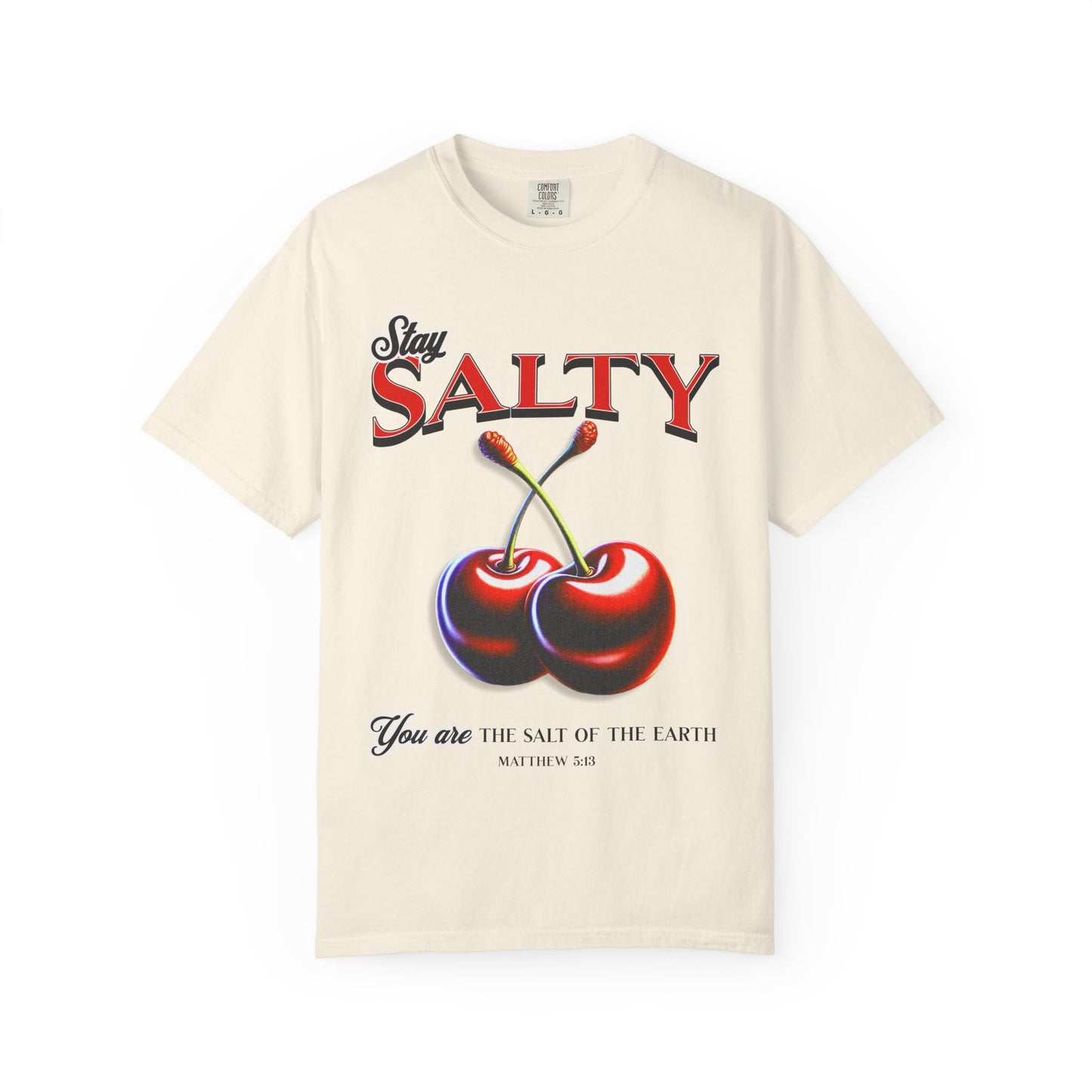 T-shirt with retro Stay Salty text and vintage cherry design featuring Matthew 5:13 scripture