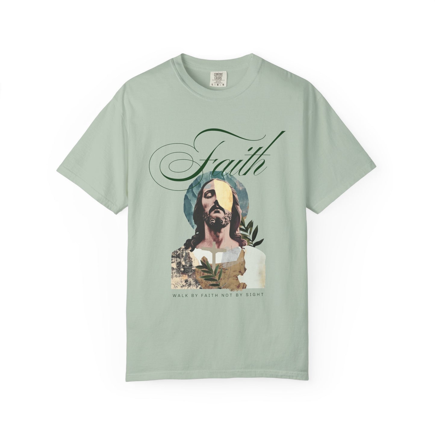 Jesus t-shirt with artistic collage design featuring Christ's face and Walk By Faith Not By Sight text