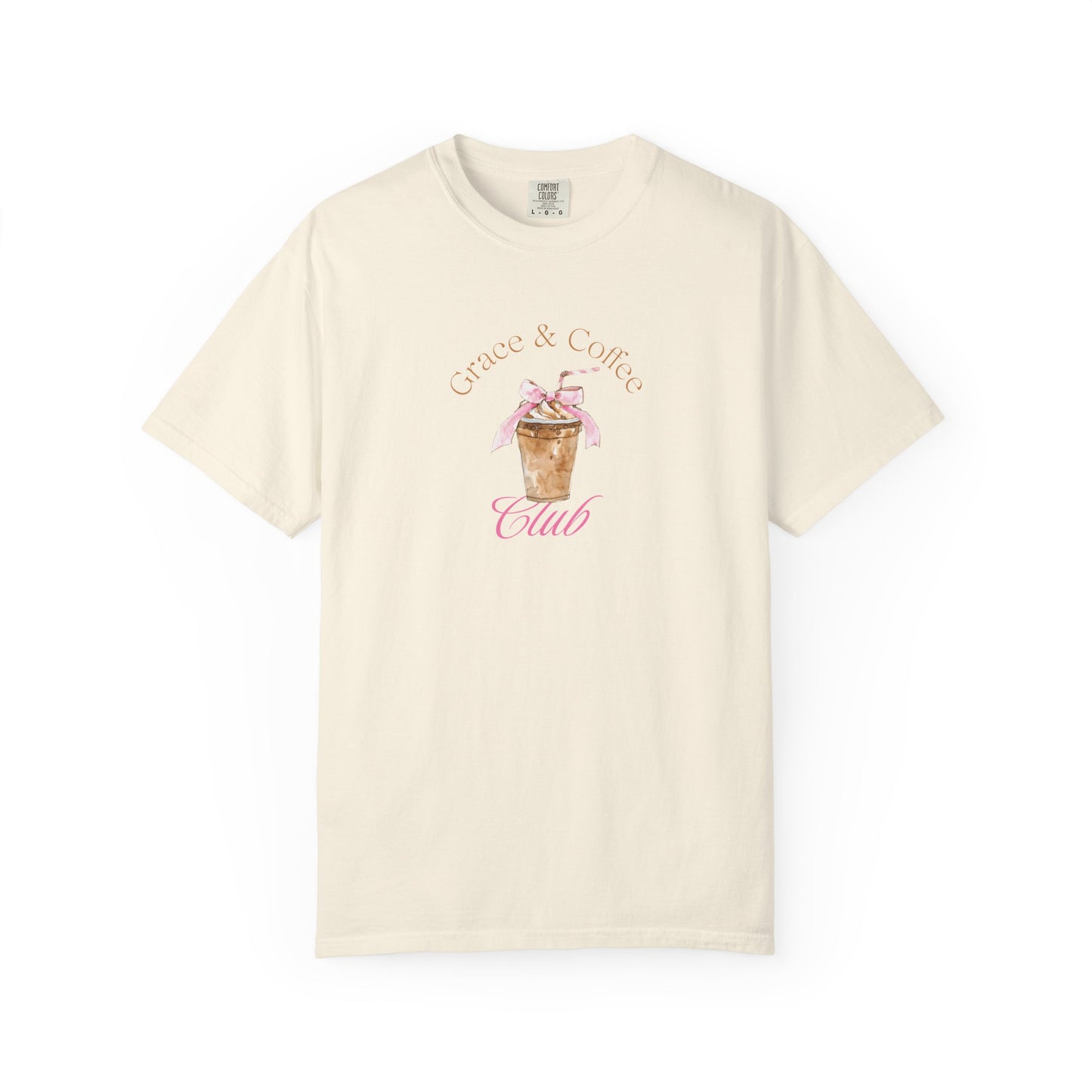 T-shirt with watercolor coffee cup design featuring pink bow and Grace & Coffee Club text