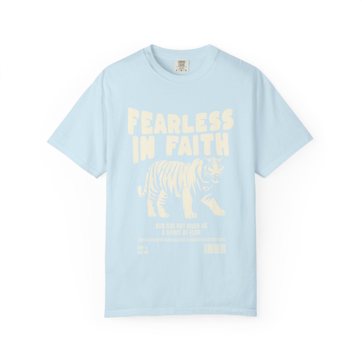 A t-shirt featuring 'Fearless In Faith' text design in elegant cream colored typography