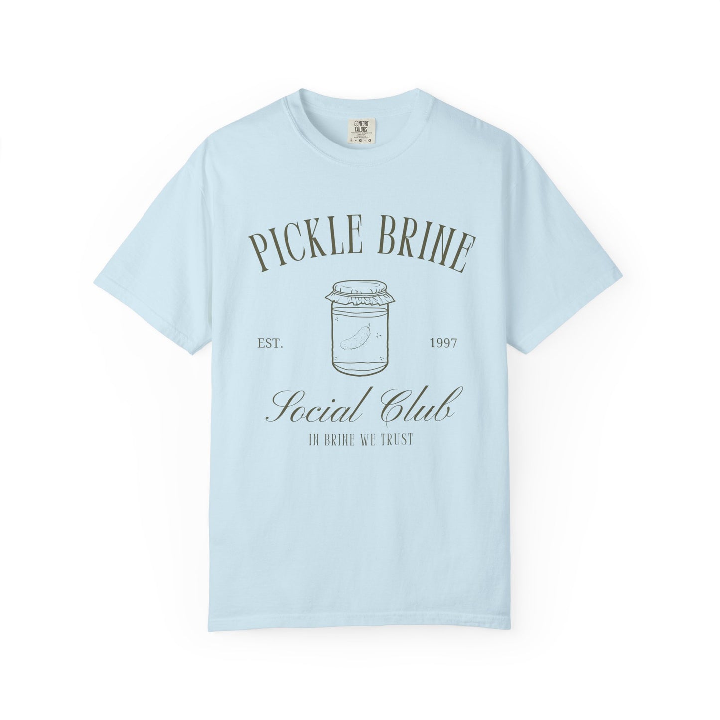 T-shirt with vintage pickle brine social club design featuring mason jar with pickle illustration