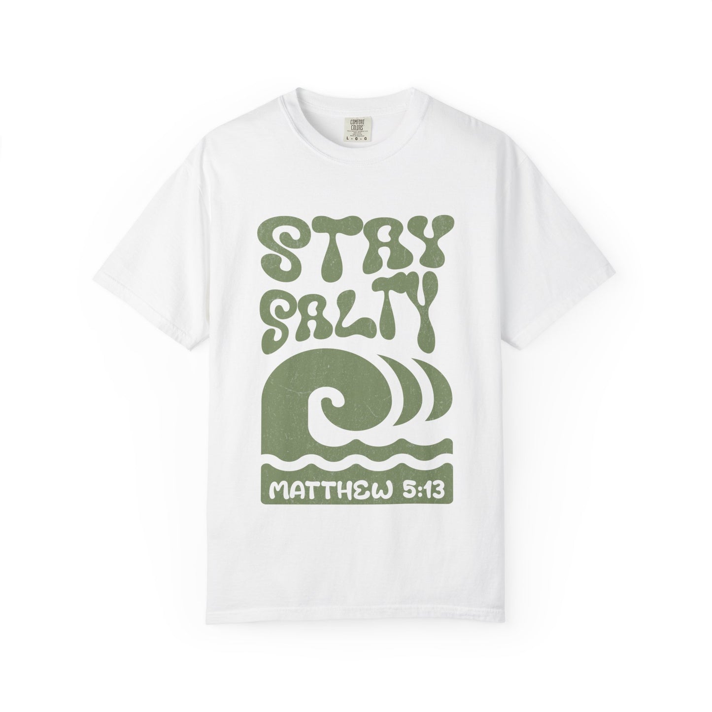Stay Salty Matthew 5:13 t-shirt with retro wave design in sage green christian graphic