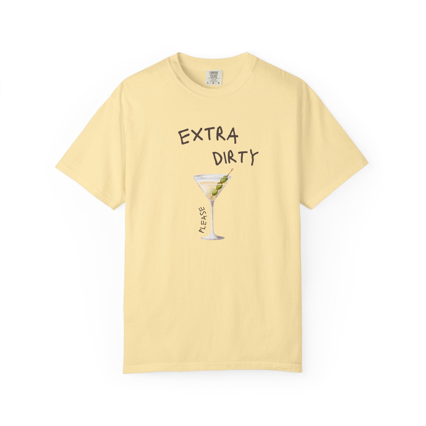 T-shirt design with martini glass filled with clear liquid and three green olives on a pick