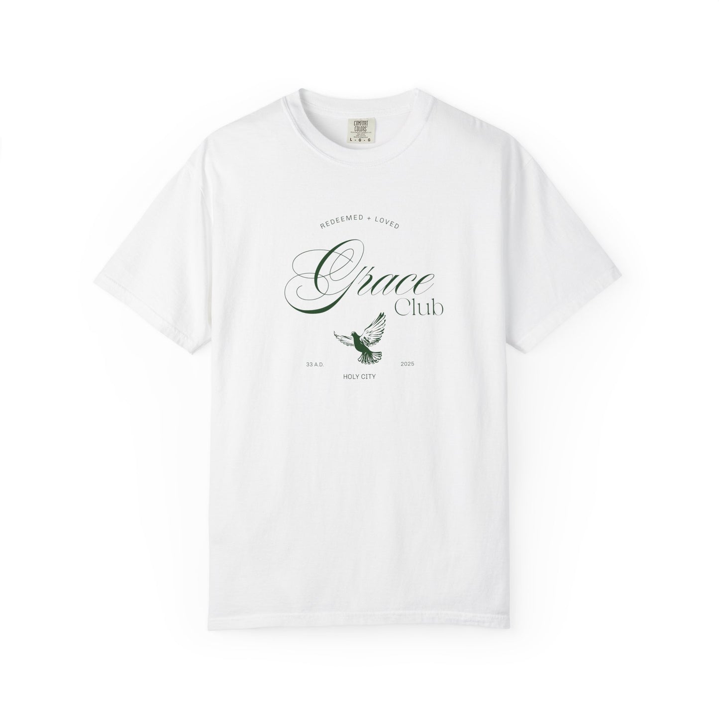 T-shirt with Grace Club text, dove symbol, and Redeemed + Loved message in elegant green design