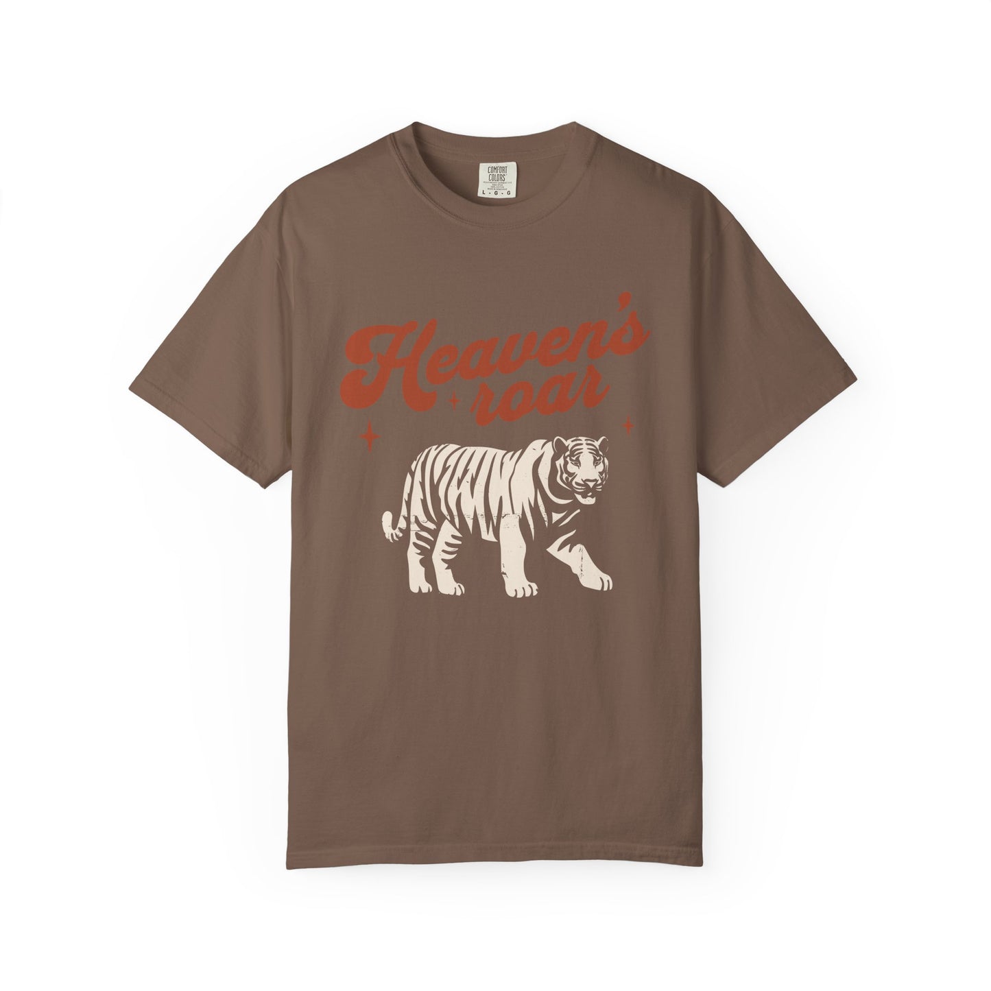 T-shirt with retro Heaven's roar text in red and blue tiger graphic design