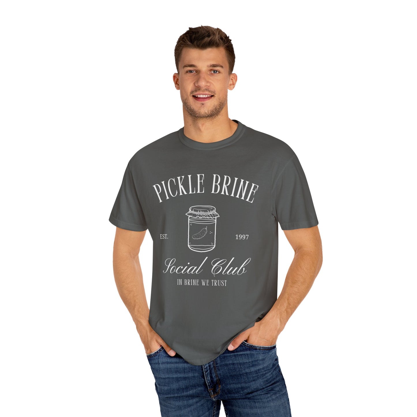 T-shirt with vintage pickle brine social club design featuring mason jar with pickle illustration