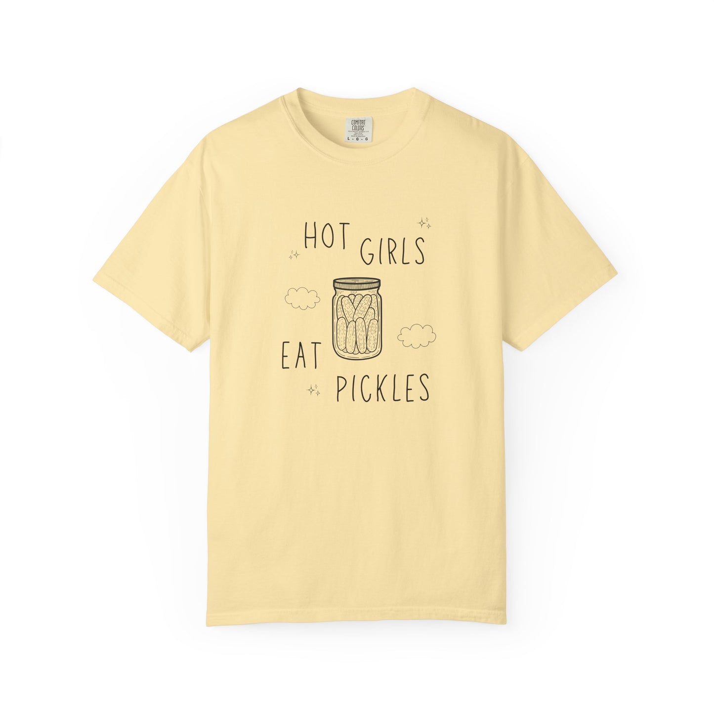 T-shirt with hand-lettered 'Hot Girls Eat Pickles' text and illustrated pickle jar with clouds