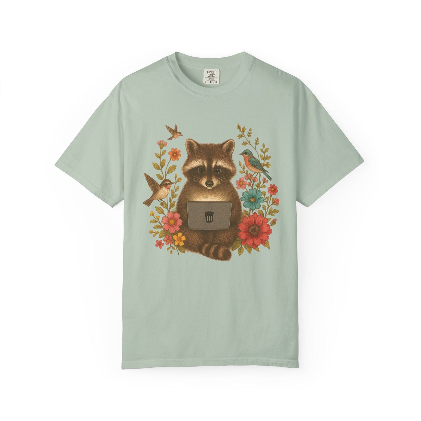 T-shirt with vintage-style raccoon illustration surrounded by colorful wildflowers and birds