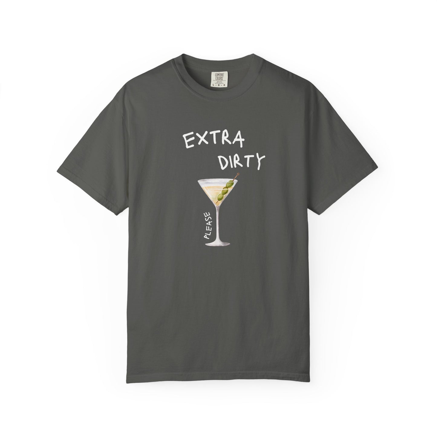 T-shirt design with martini glass filled with clear liquid and three green olives on a pick
