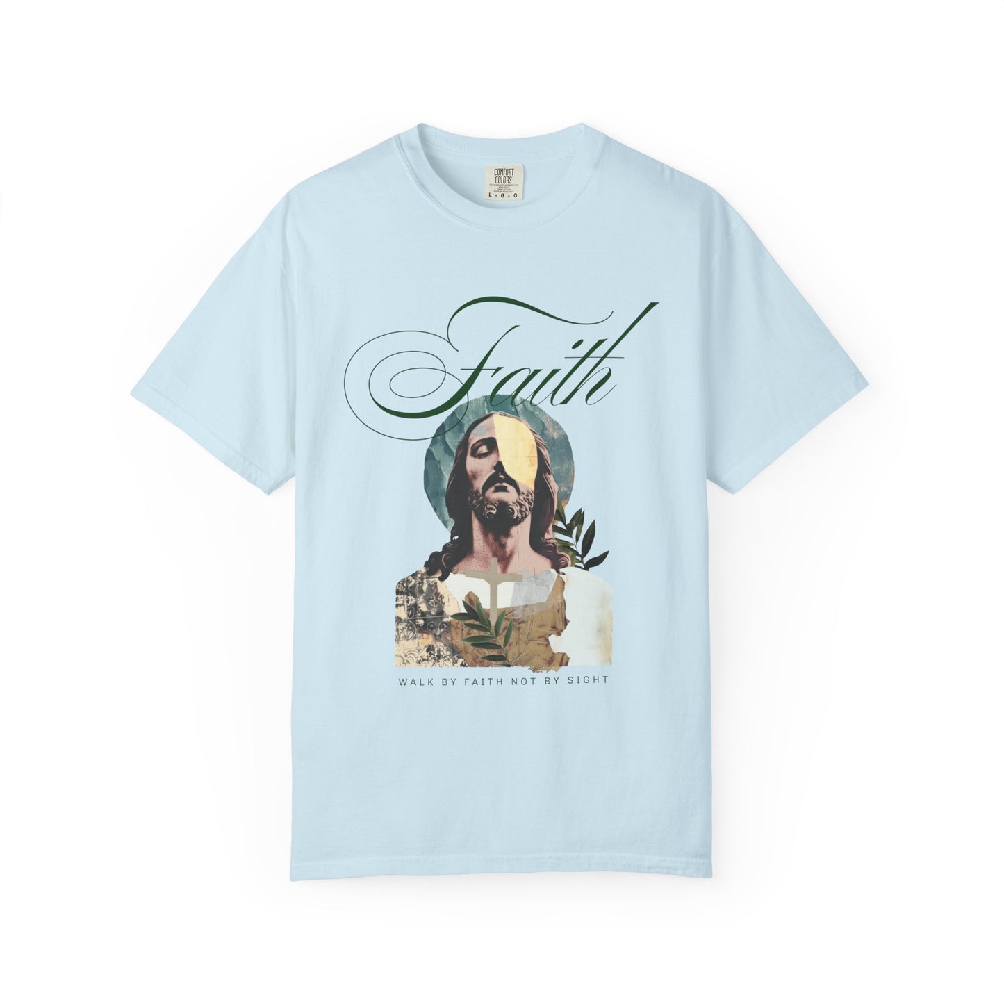 Jesus t-shirt with artistic collage design featuring Christ's face and Walk By Faith Not By Sight text