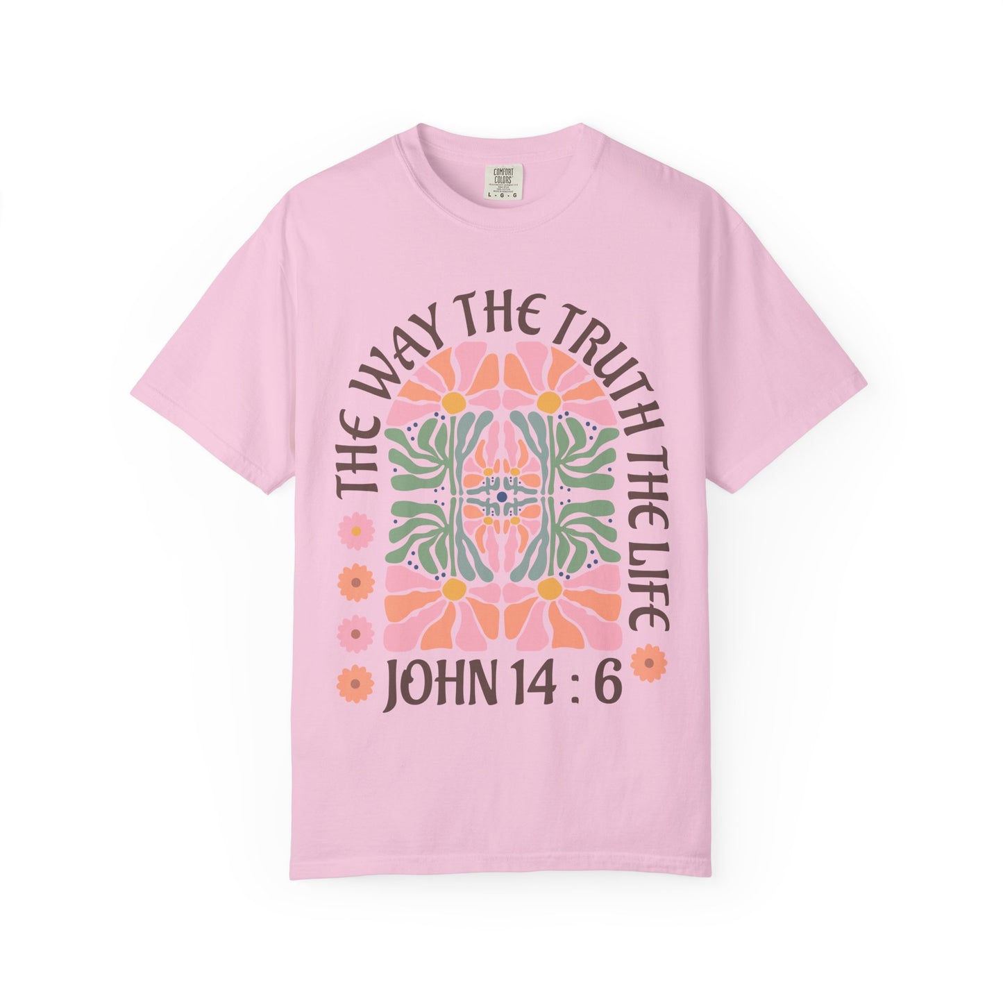 Christian t-shirt with John 14:6 verse and decorative floral mandala in pink, coral, and green