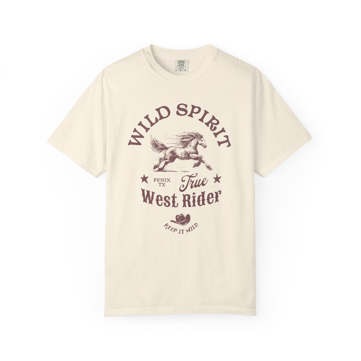 Western t-shirt with galloping horse design, Fenix Texas text, and cowboy hat graphic in vintage style