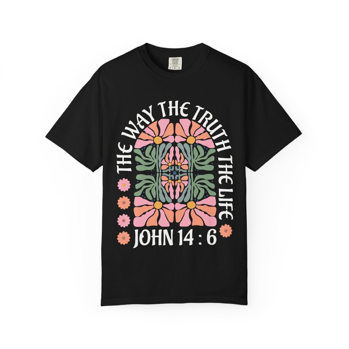 Christian t-shirt with John 14:6 verse and decorative floral mandala in pink, coral, and green