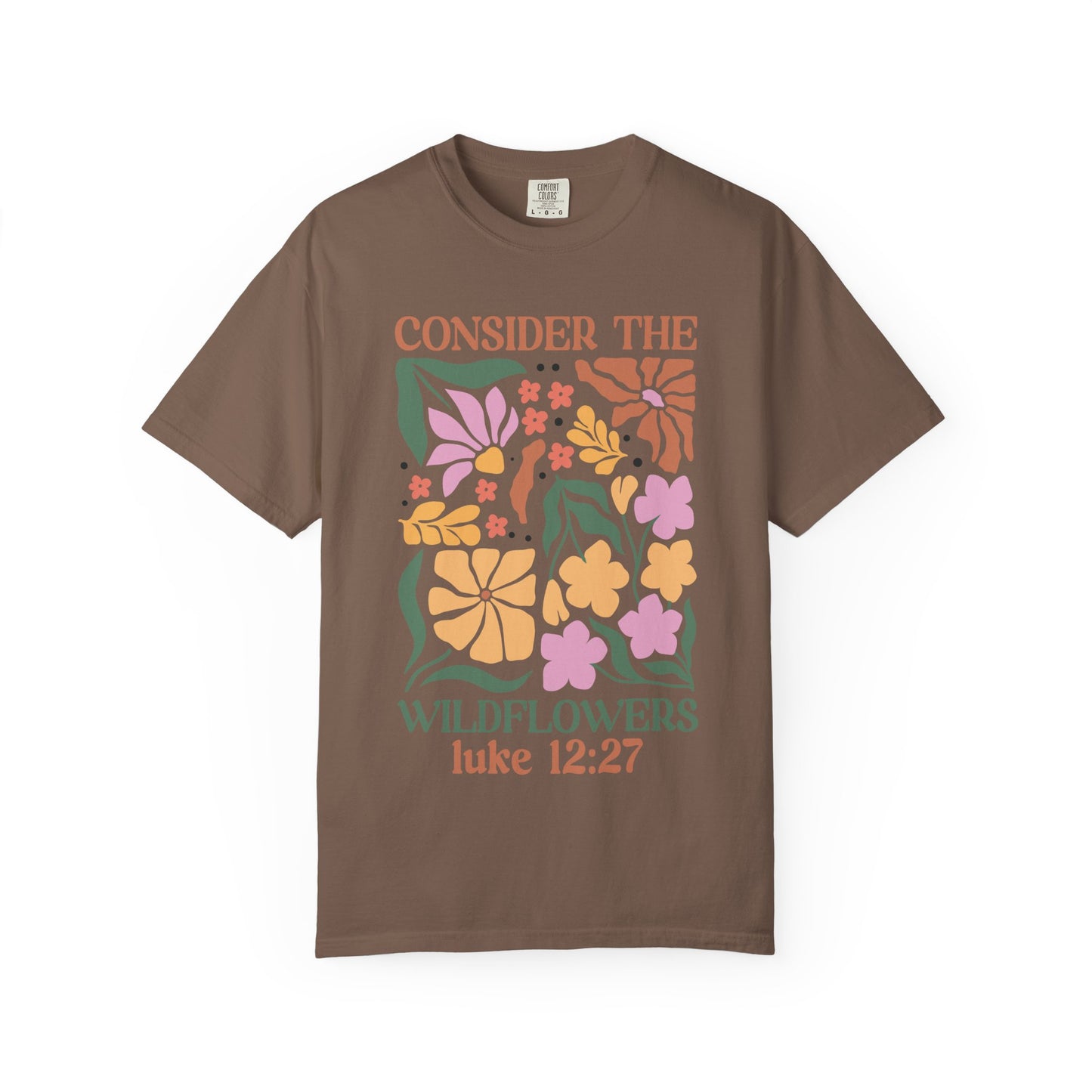 T-shirt with colorful wildflower design and 'Consider the Wildflowers Luke 12:27' bible verse text