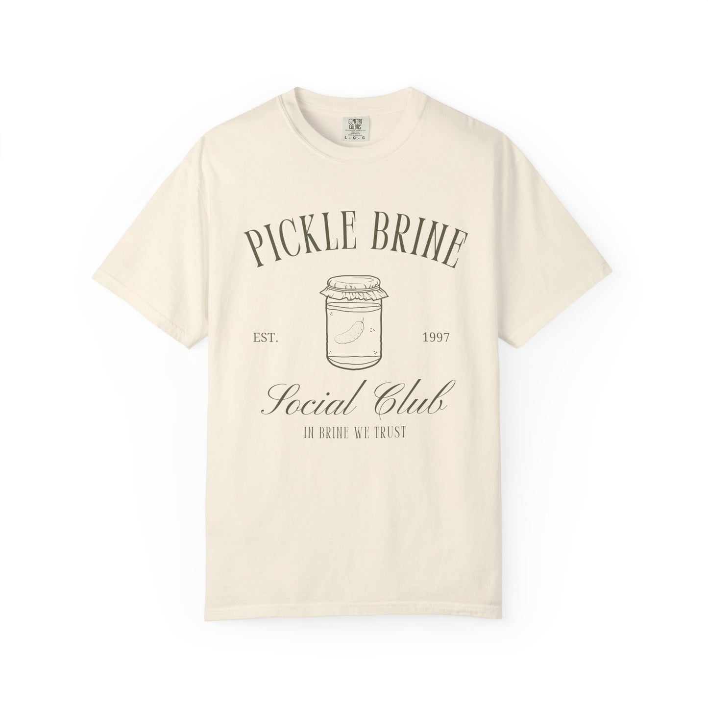 T-shirt with vintage pickle brine social club design featuring mason jar with pickle illustration