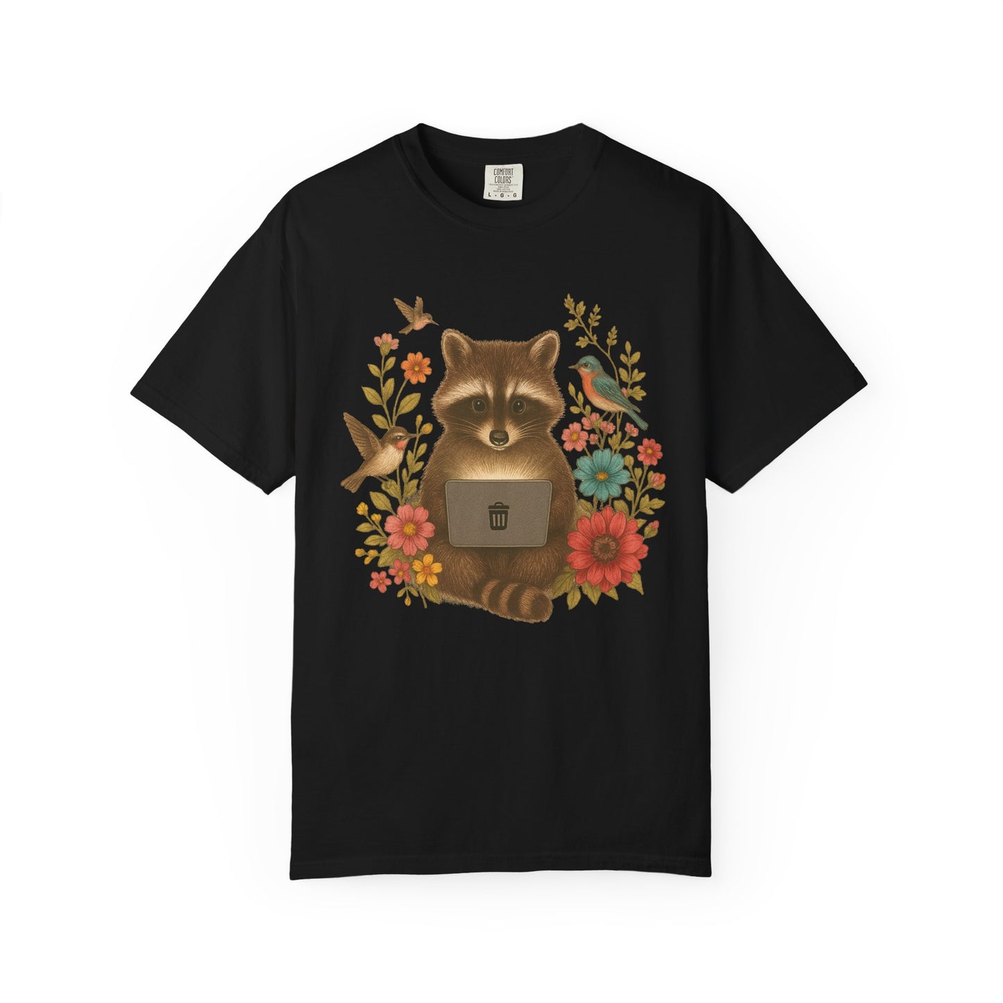 T-shirt with vintage-style raccoon illustration surrounded by colorful wildflowers and birds
