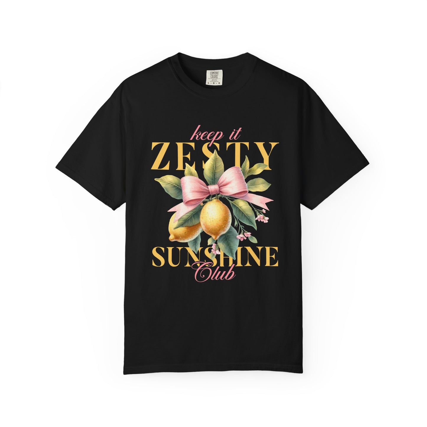 T-shirt with Keep It Zesty Sunshine Club text featuring watercolor lemons with pink bow and green leaves