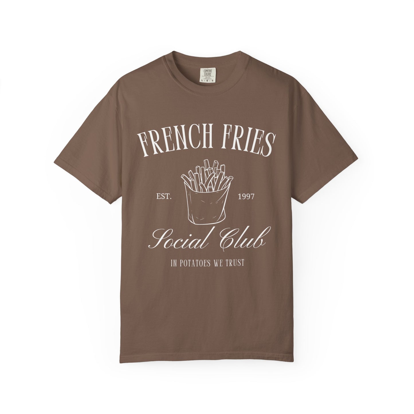 T-shirt with French Fries Social Club design featuring hand-drawn fries illustration and vintage typography
