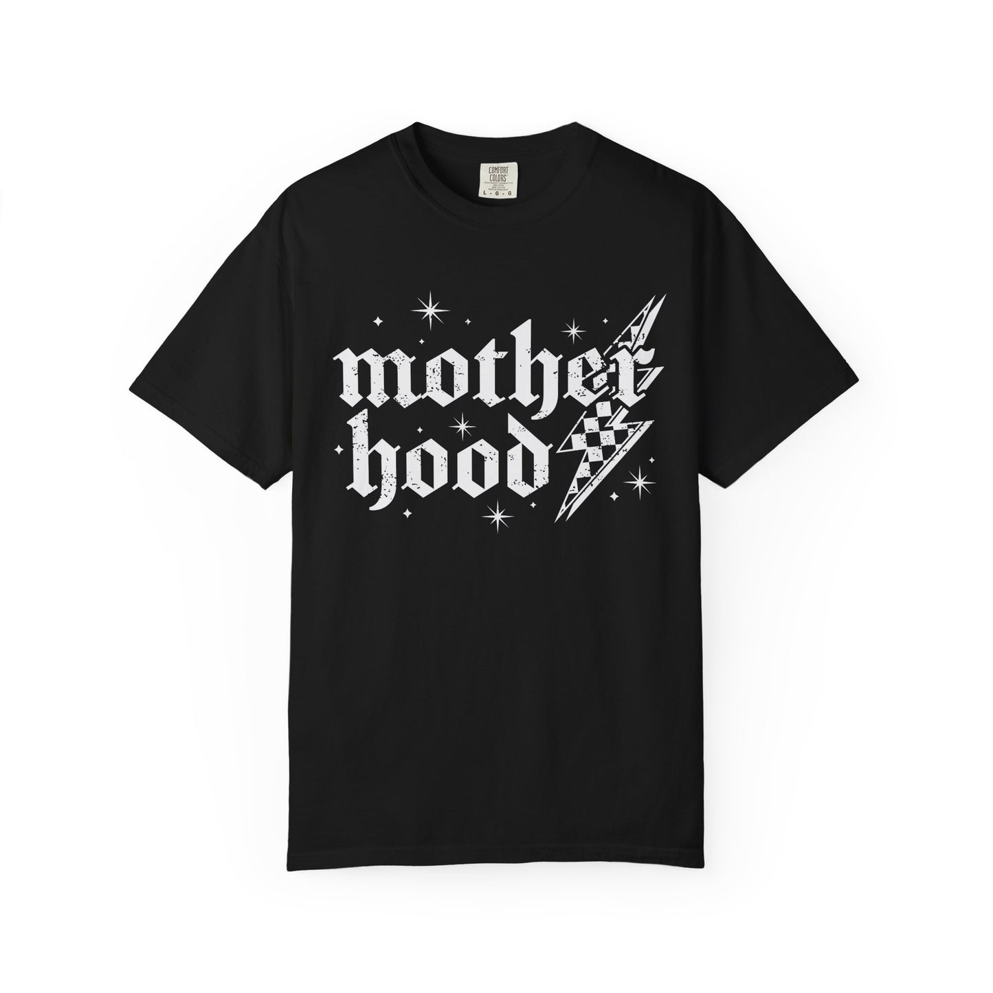 T-shirt with gothic Mother Hood text, lightning bolt graphics, and checkerboard pattern elements