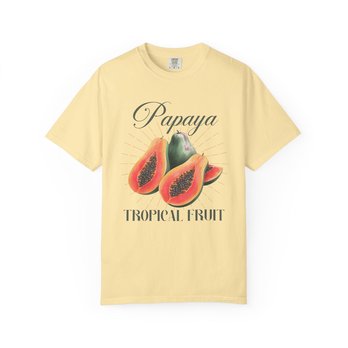 T-shirt featuring watercolor papaya fruits with golden sunburst rays and elegant Papaya script text