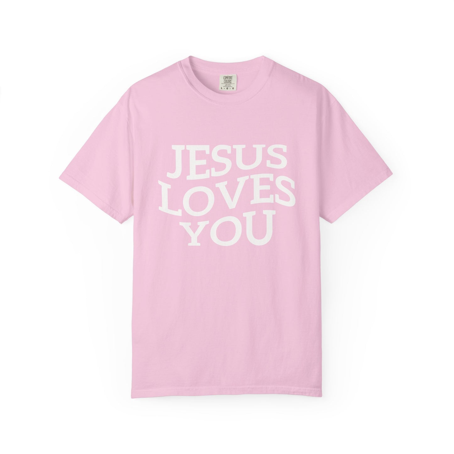 T-shirt with bold black text reading 'JESUS LOVES YOU' in large serif typography
