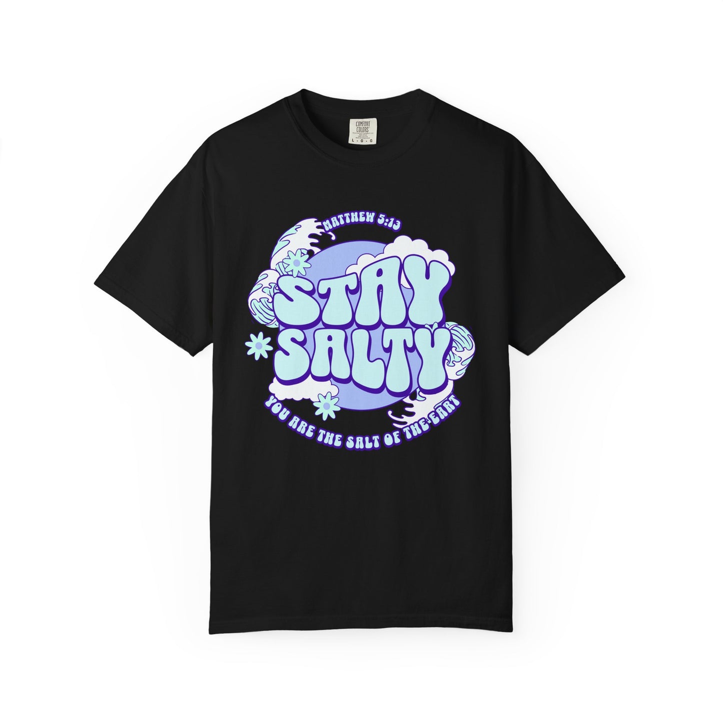 T-shirt with purple and mint green 'Stay Salty' text design featuring Matthew 5:13 scripture and retro styling