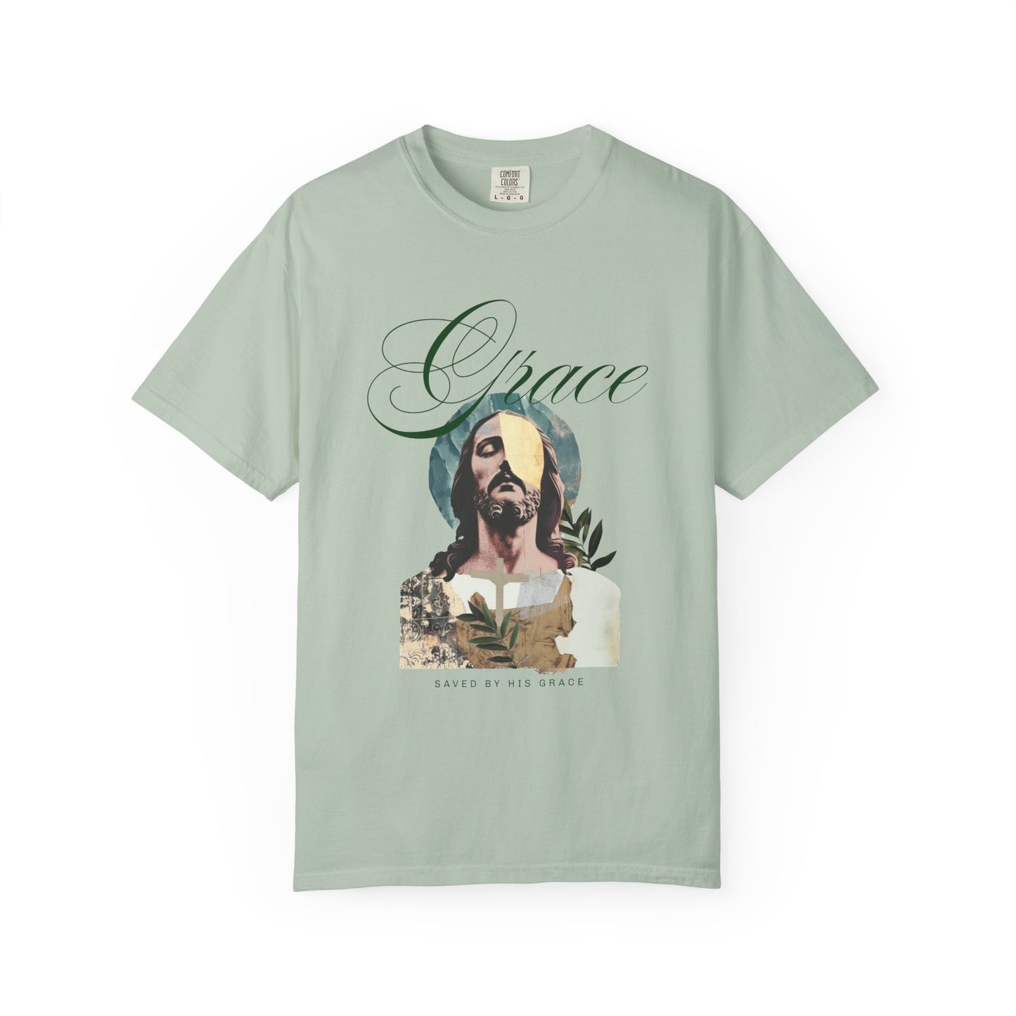 Christian t-shirt featuring artistic Jesus portrait with Grace text and cross design in vintage style
