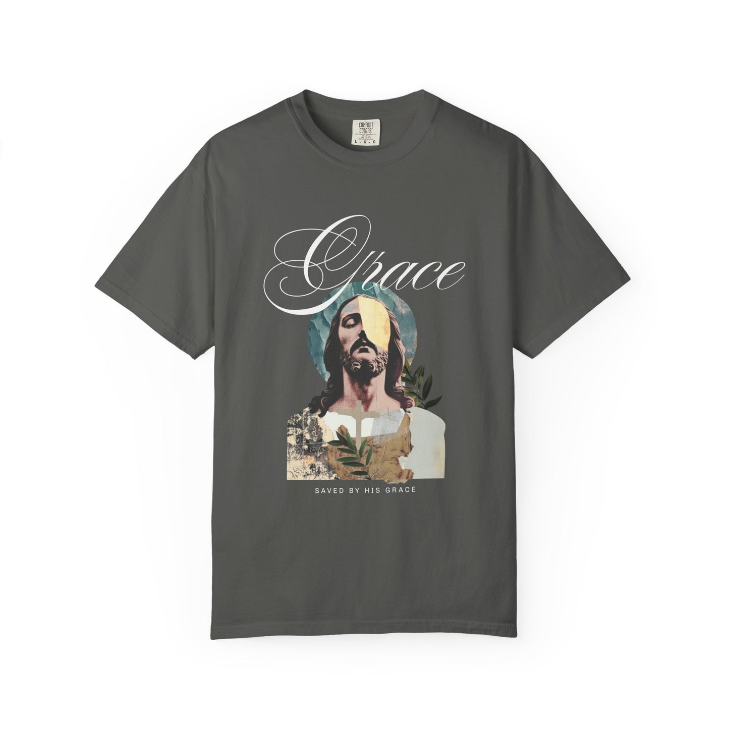 Christian t-shirt featuring artistic Jesus portrait with Grace text and cross design in vintage style