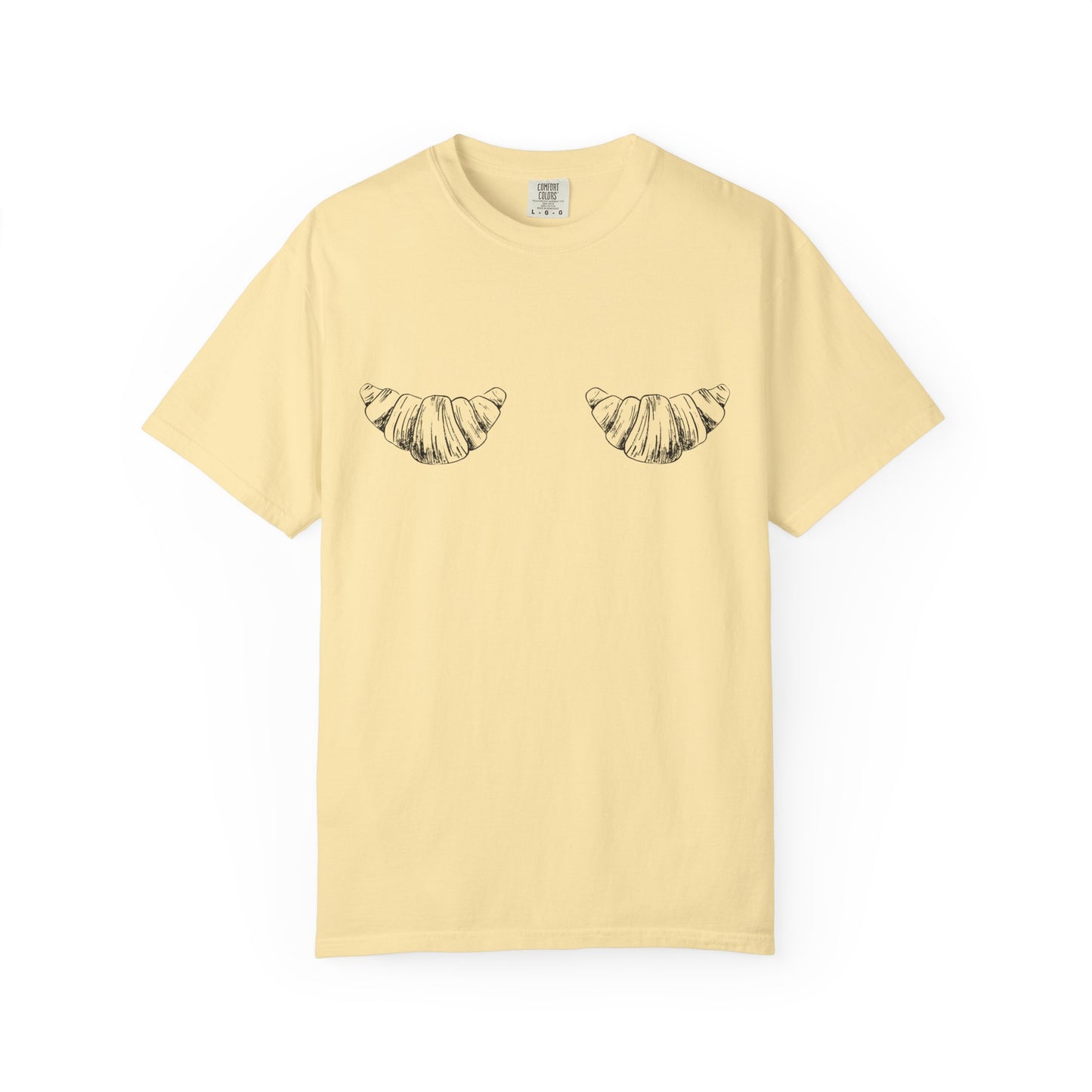 T-shirt with black and white hand-drawn croissant illustrations in vintage sketch style