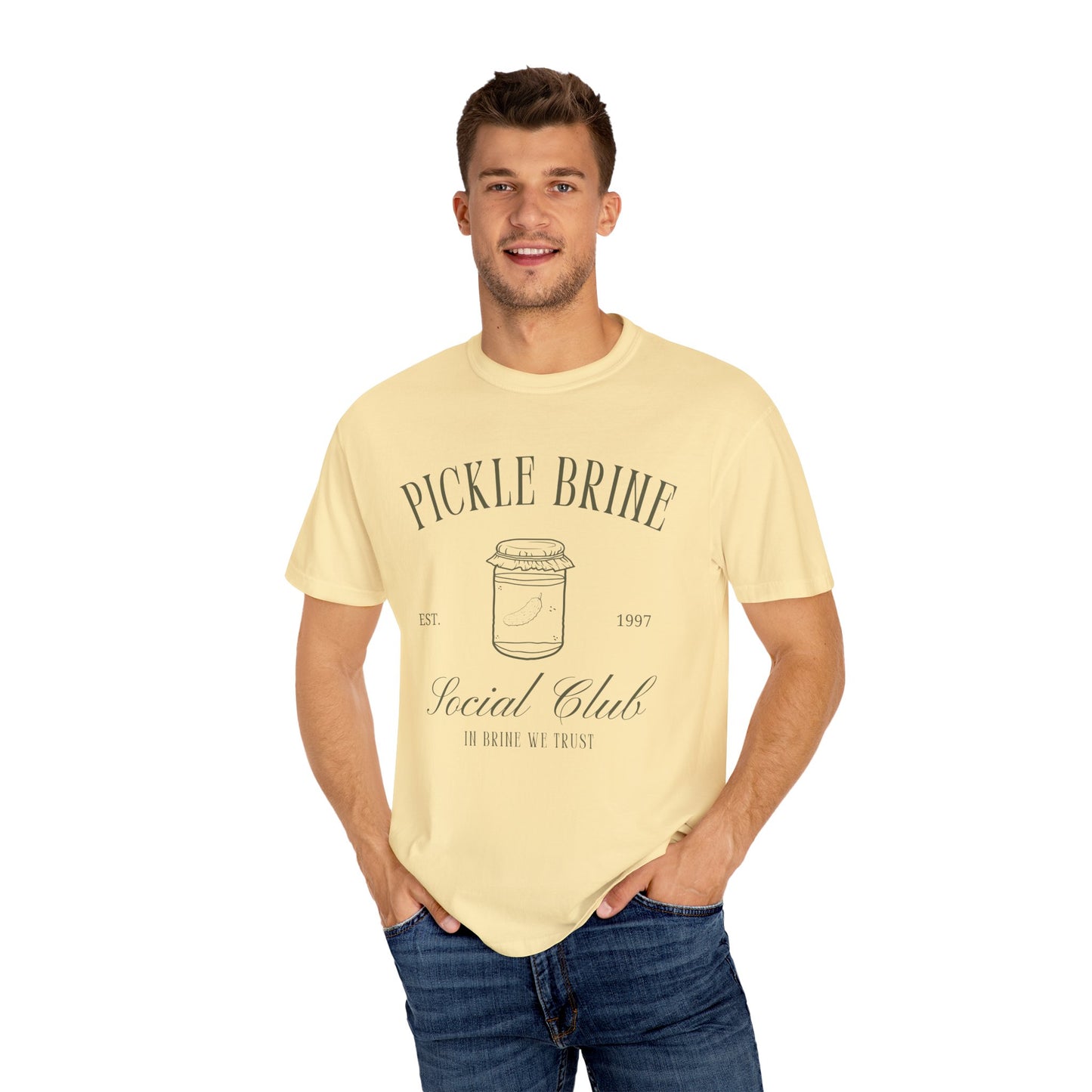 T-shirt with vintage pickle brine social club design featuring mason jar with pickle illustration