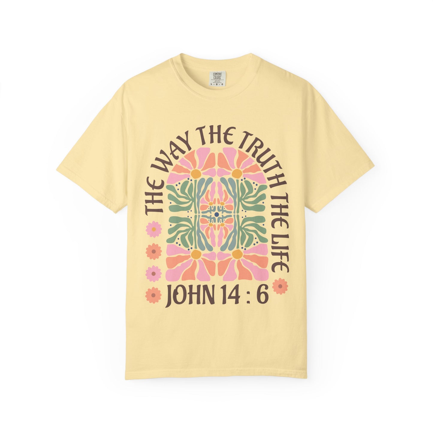 Christian t-shirt with John 14:6 verse and decorative floral mandala in pink, coral, and green