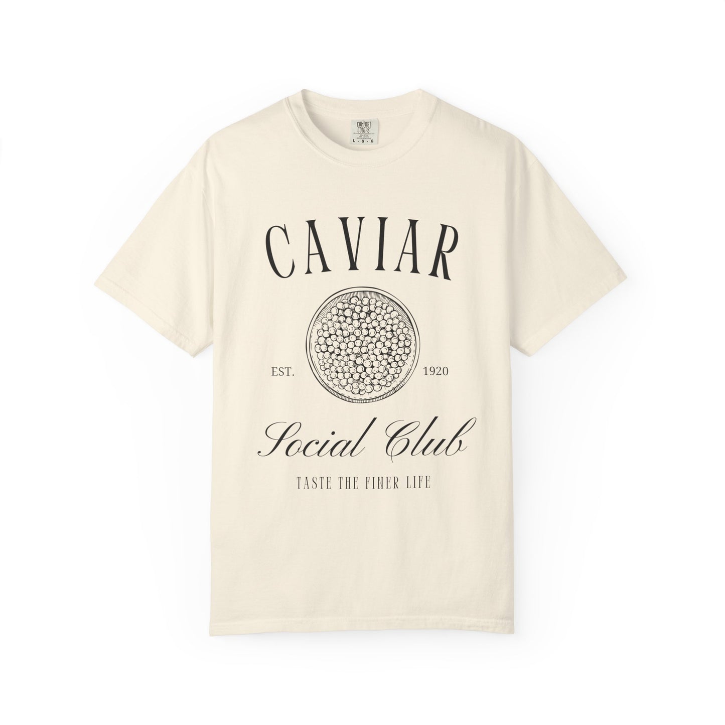T-shirt with vintage caviar social club logo featuring caviar tin graphic and elegant typography