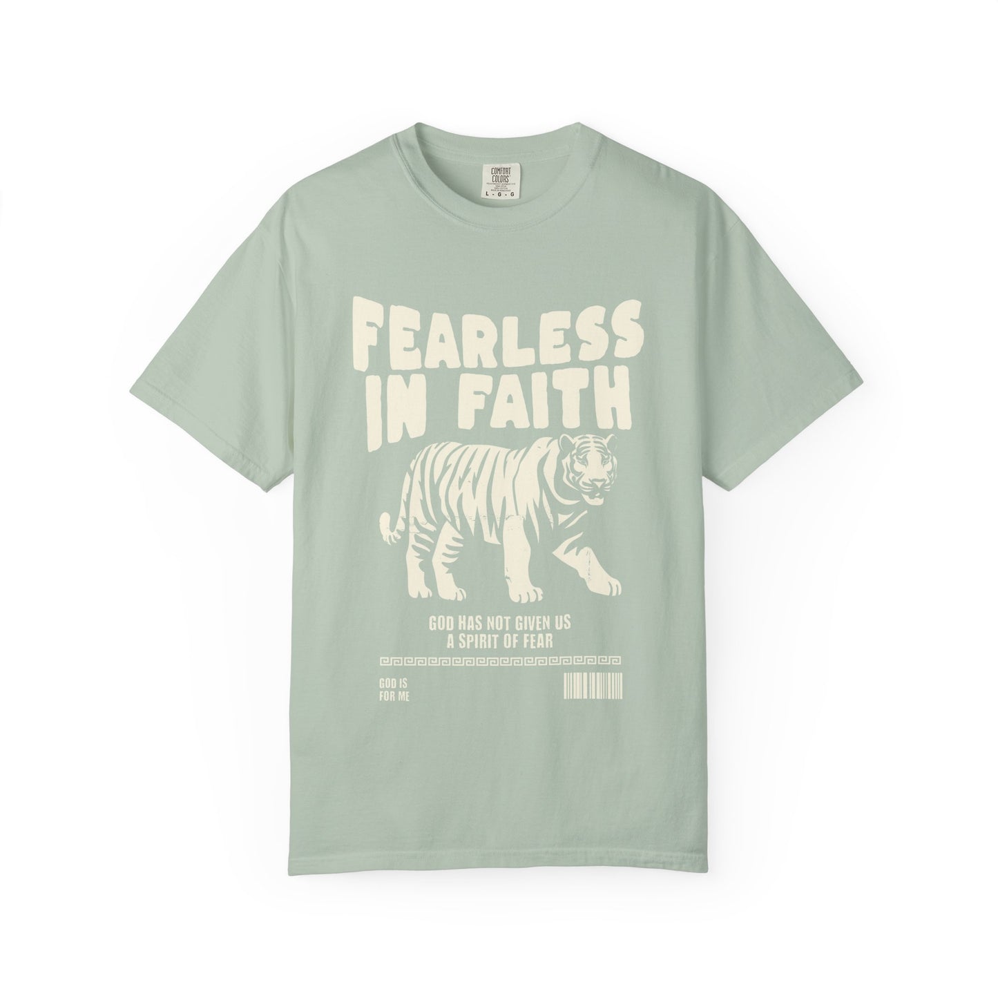 A t-shirt featuring 'Fearless In Faith' text design in elegant cream colored typography