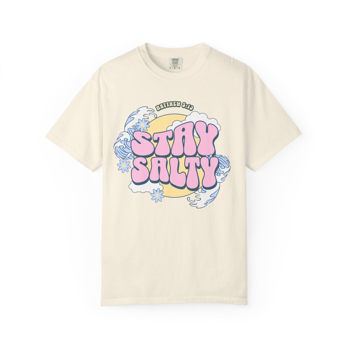T-shirt with wavy font Stay Salty Matthew 5:13 text in pink bubble letters with ocean waves and flowers
