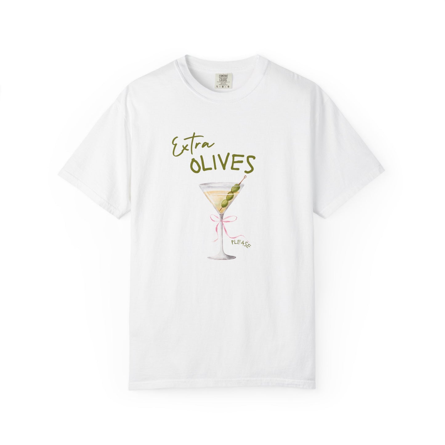T-shirt design with martini glass, green olives, and pink bow saying Extra Olives Please
