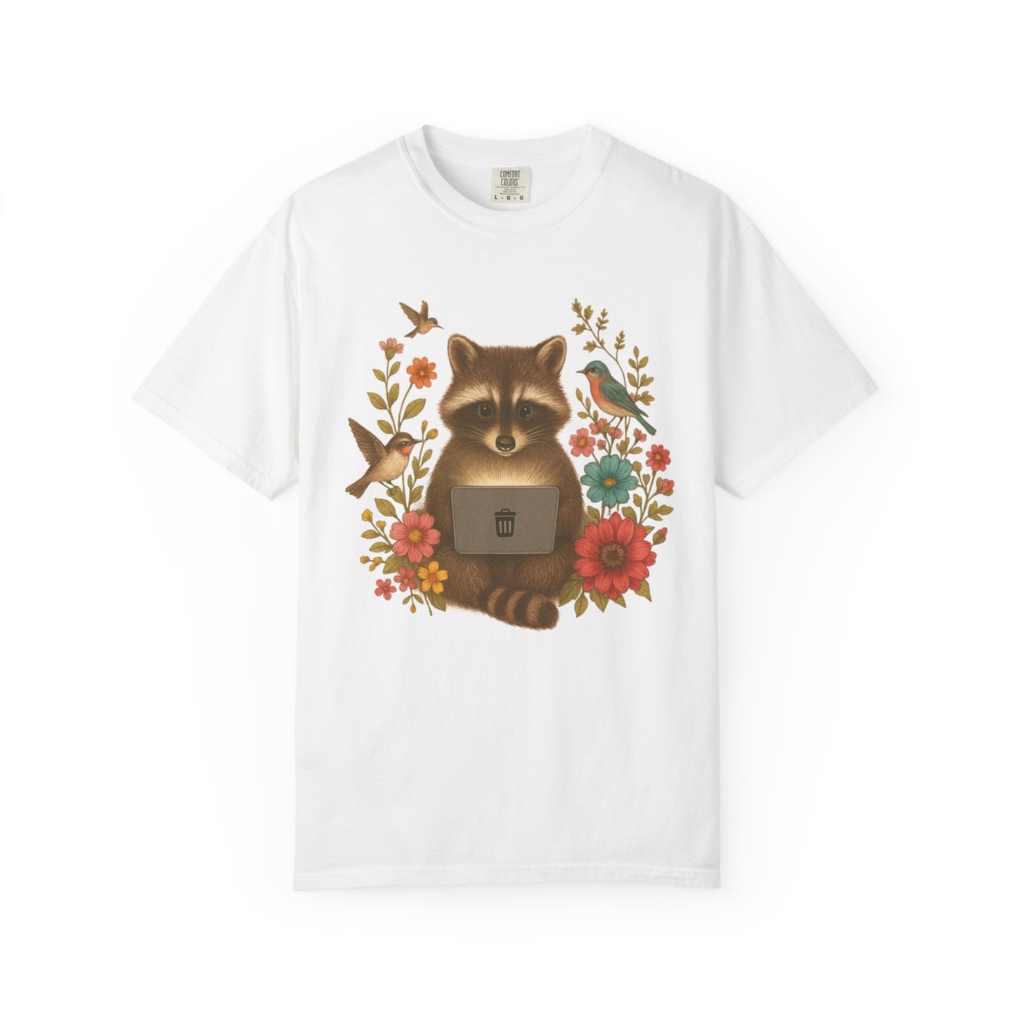 T-shirt with vintage-style raccoon illustration surrounded by colorful wildflowers and birds