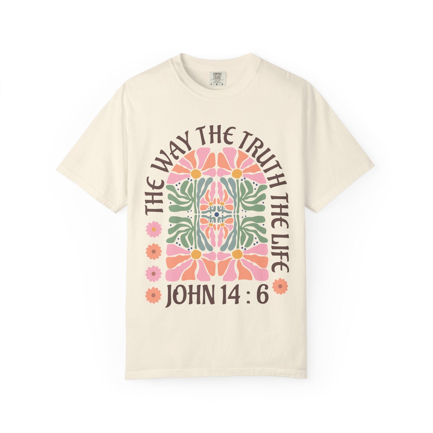 Christian t-shirt with John 14:6 verse and decorative floral mandala in pink, coral, and green
