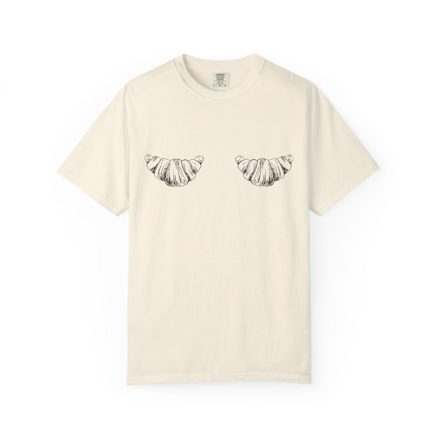 T-shirt with black and white hand-drawn croissant illustrations in vintage sketch style
