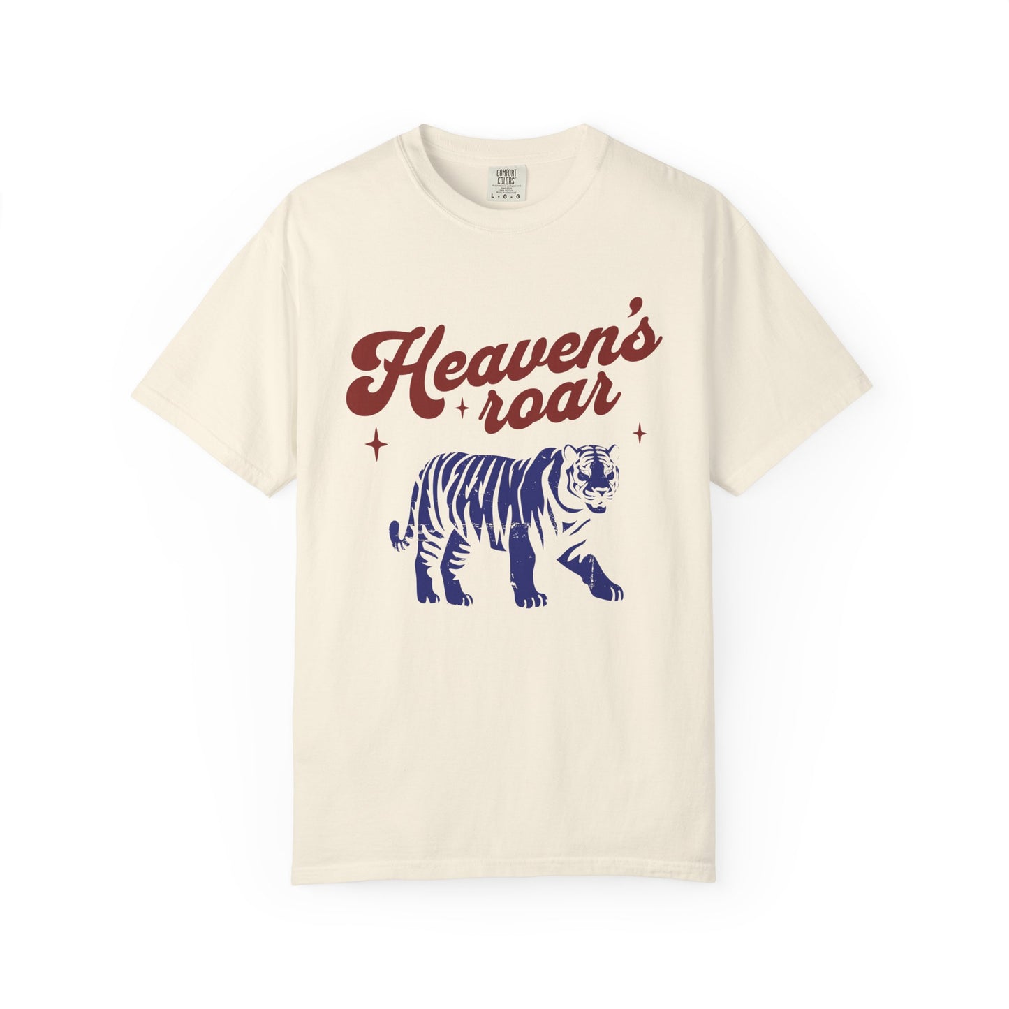 T-shirt with retro Heaven's roar text in red and blue tiger graphic design