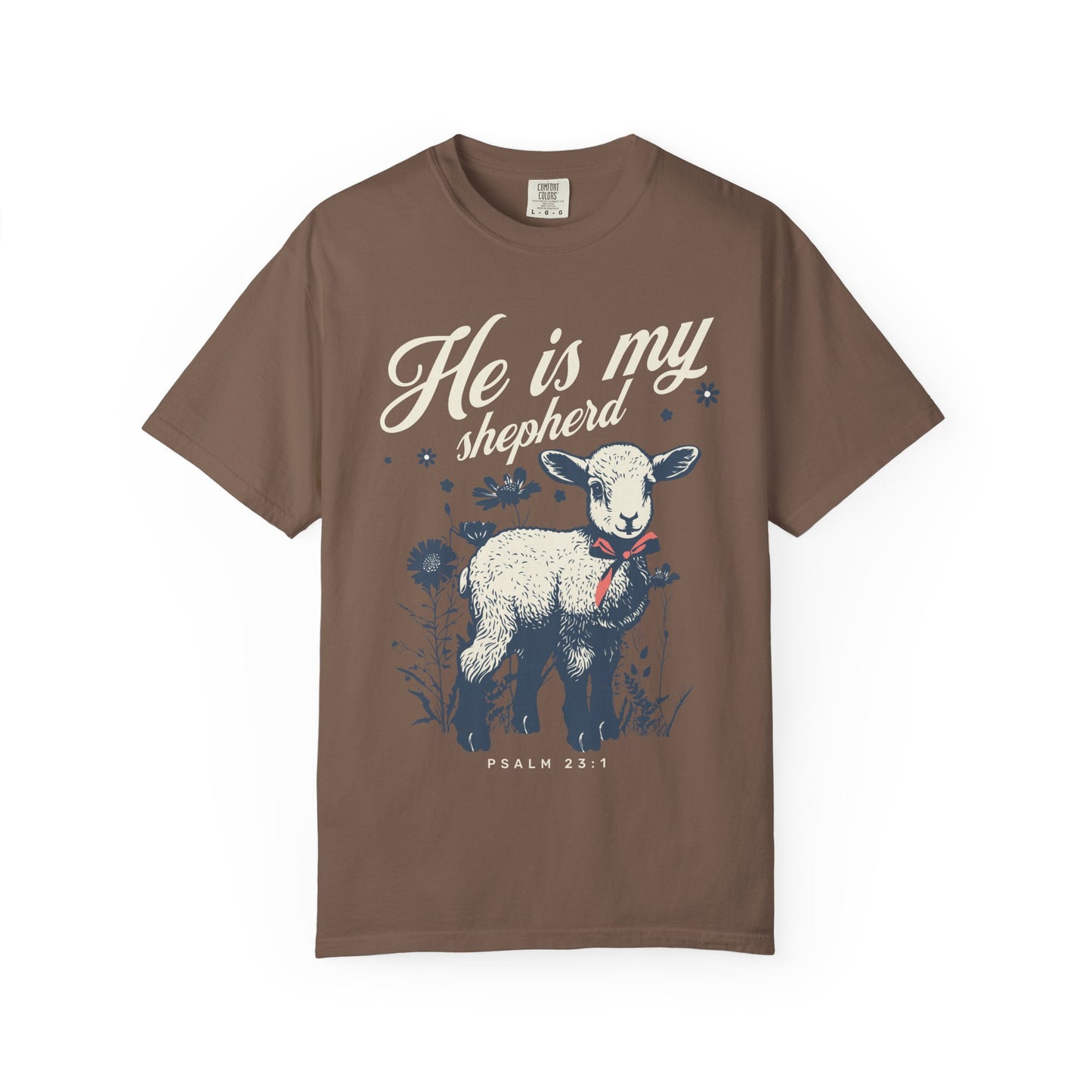 Christian t-shirt featuring adorable lamb with wildflowers and 'He Is My Shepherd' text in teal