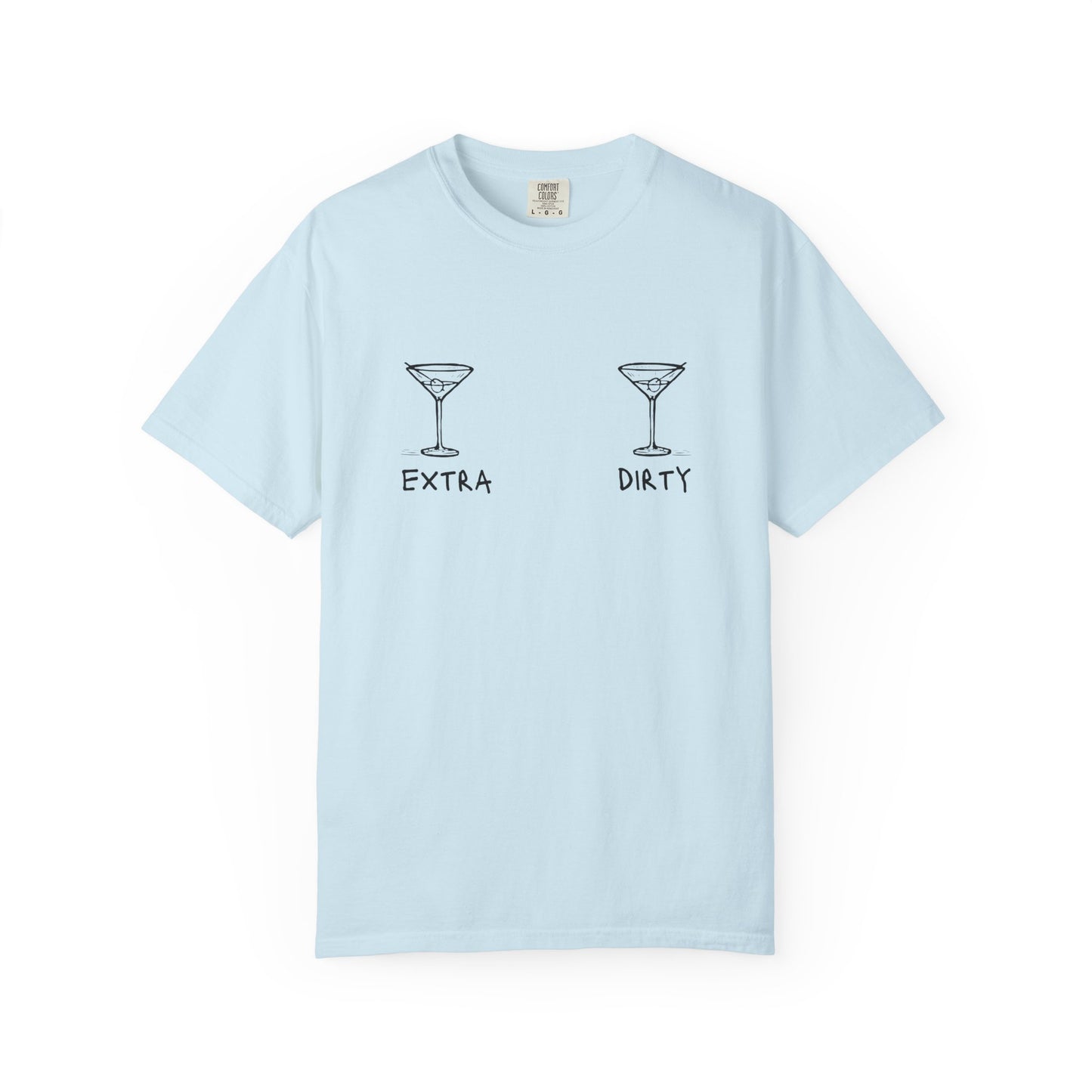 T-shirt with two martini glass illustrations and 'Extra' and 'Dirty' text in black