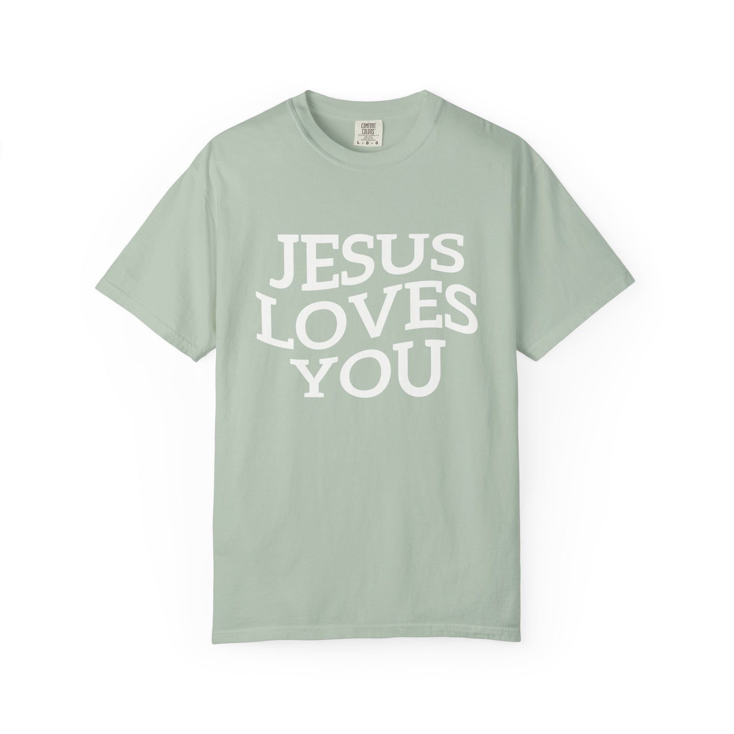 T-shirt with bold black text reading 'JESUS LOVES YOU' in large serif typography