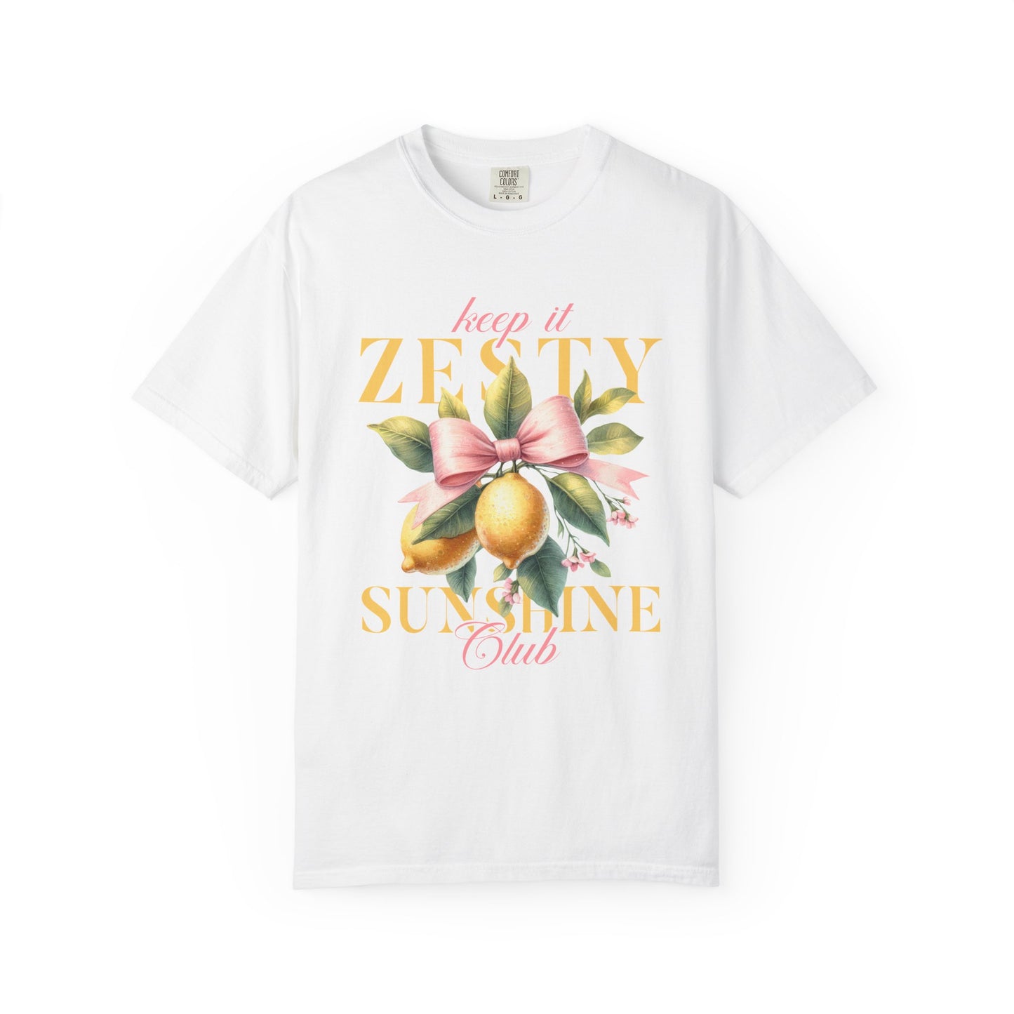 T-shirt with Keep It Zesty Sunshine Club text featuring watercolor lemons with pink bow and green leaves