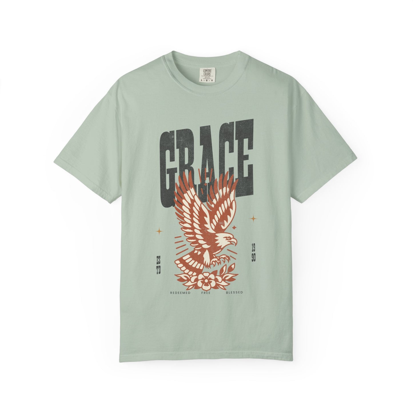 Christian t-shirt with vintage eagle design in orange and cream colors featuring Grace text and decorative elements