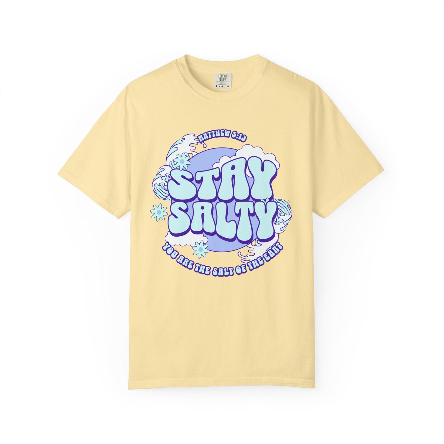 T-shirt with purple and mint green 'Stay Salty' text design featuring Matthew 5:13 scripture and retro styling