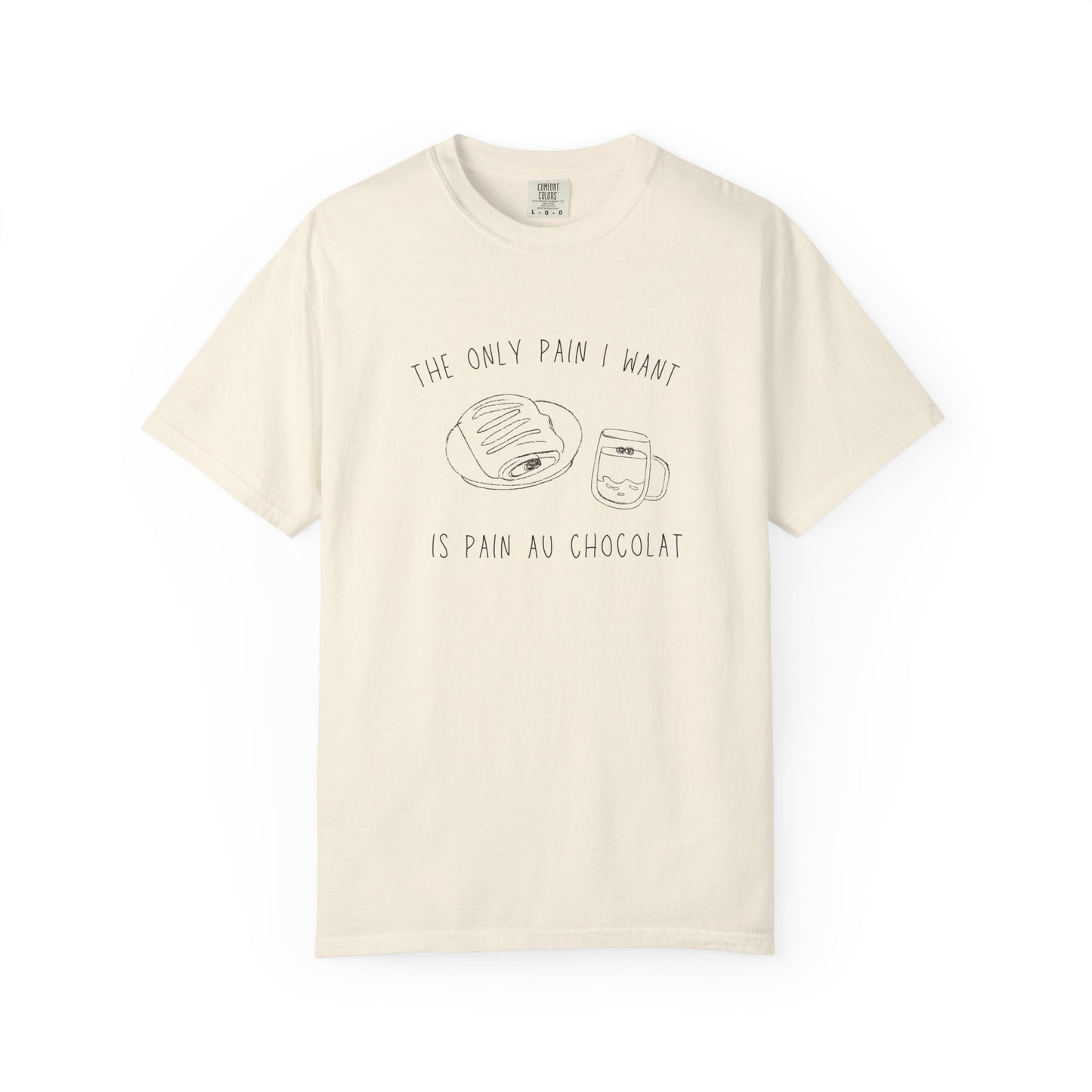 T-shirt with hand-drawn croissant and coffee cup illustration and funny baking text