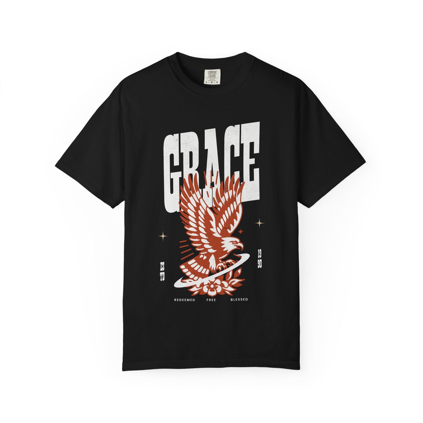 Christian t-shirt with vintage eagle design in orange and cream colors featuring Grace text and decorative elements