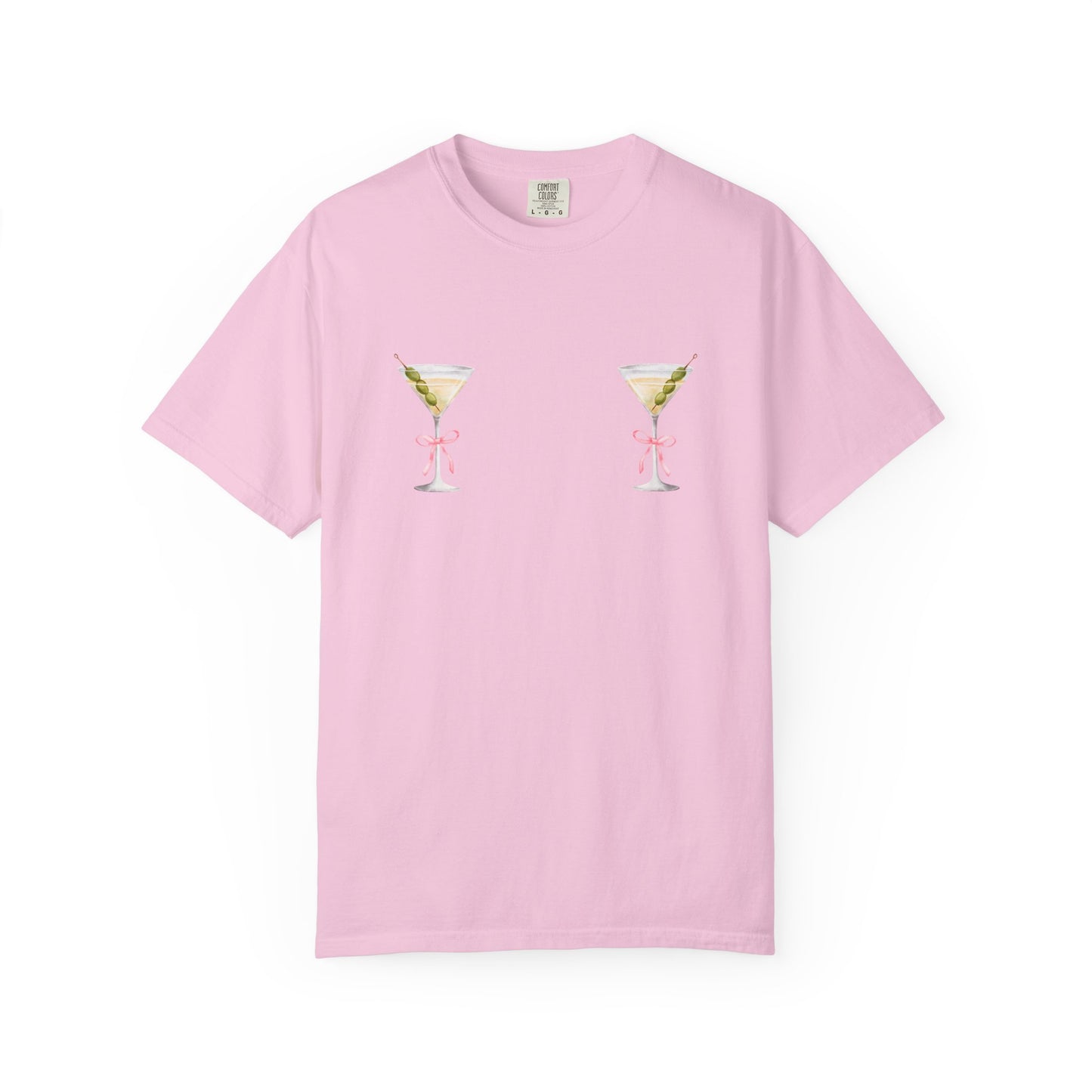 T-shirt design with two martini glasses containing olives and pink bow details creating a humorous cocktail theme